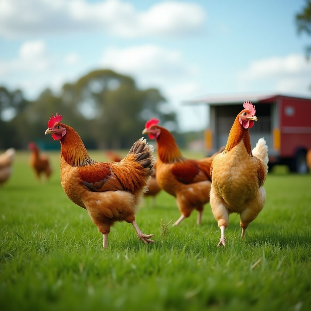 Free-range chickens on pasture with mobile coops